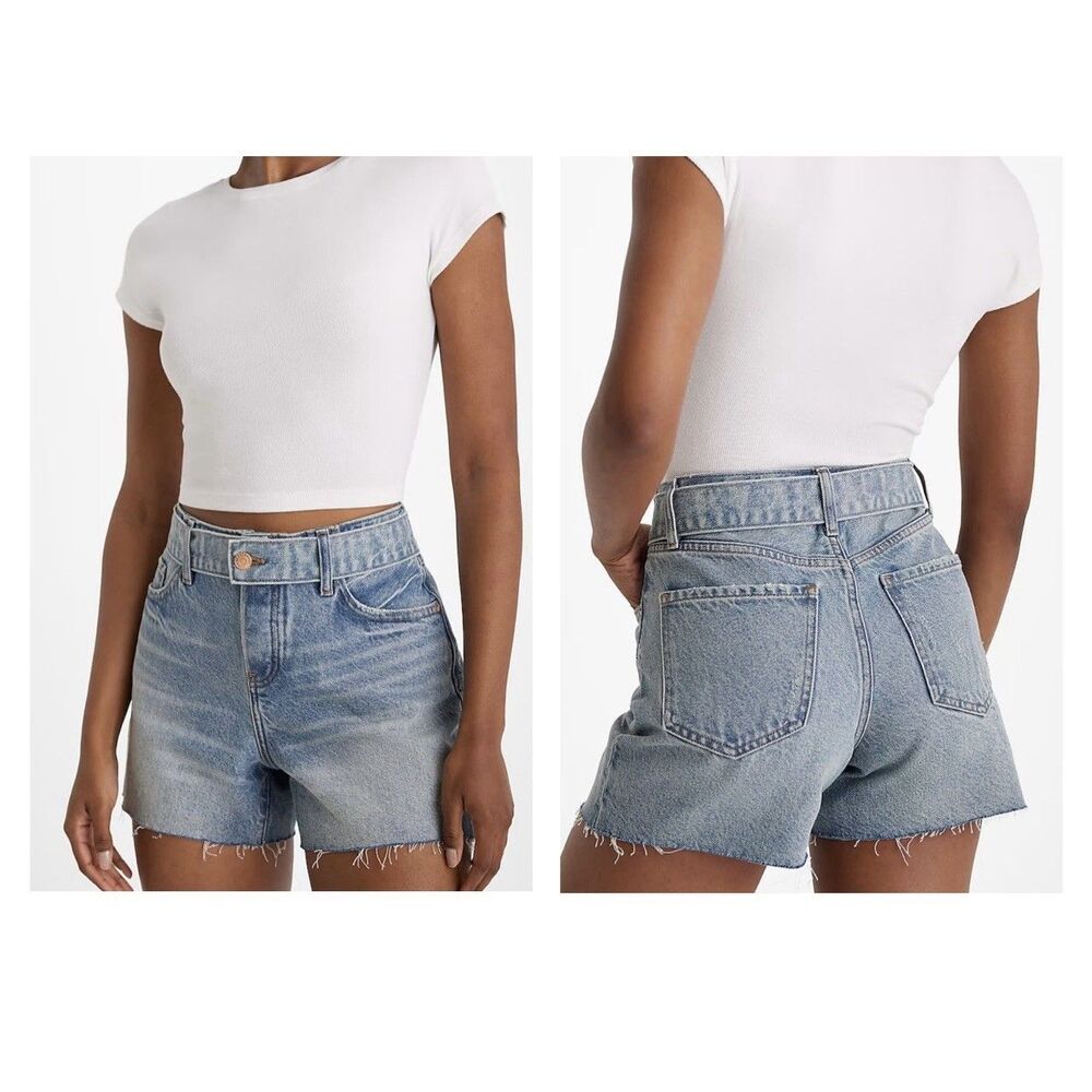 NWT Express Mid Rise Raw Hem Faux Belt Distressed Denim Blue Jean Shorts 8